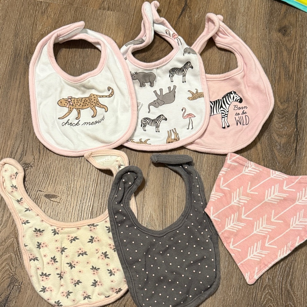 Hudson Baby Animal and Patterned Bib Set - Pink, Gray, Cream